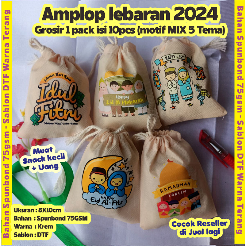 

Grosir isi 10pcs spunbond Pouch Serut Amplop Lebaran 2024 sablon DTF warna tajam jelas