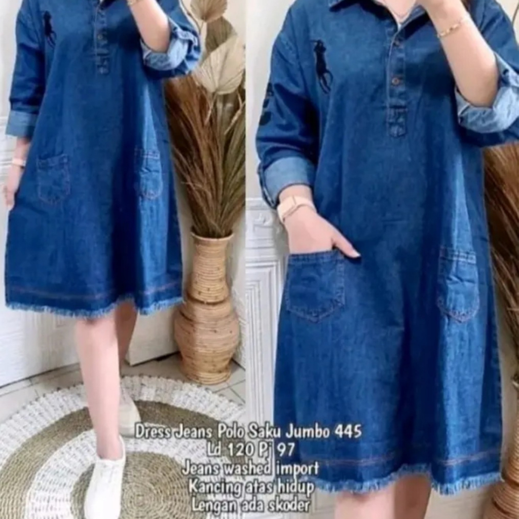 TUNIK JEANS JUMBO BORDIL POLO/ATASAN DRESS JEANS WANITA LD 120CM
