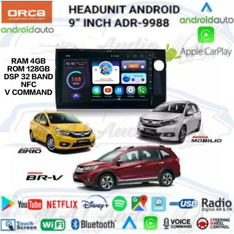 HEAD UNIT TAPE TV MOBIL DOUBLE DIN ANDROID ORCA OEM HONDA MOBILIO,BRIO,BRV LAYAR 9 INCH RAM 4GB/128G