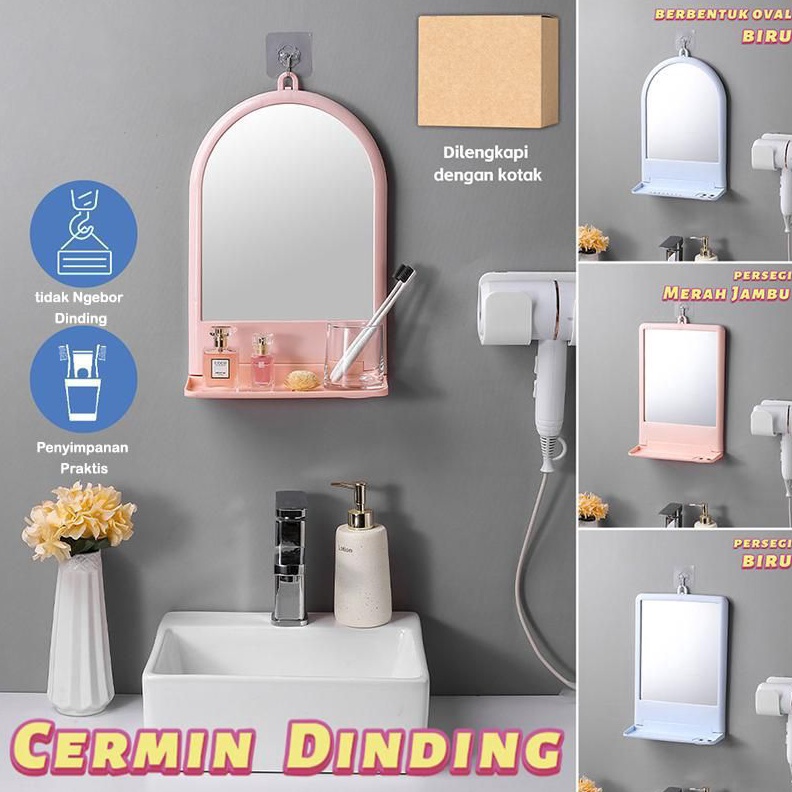 ART Y43P Cermin Rak Dinding Tempel Serbaguna Rak Make Up Serbaguna Cermin Kaca Dinding Tanpa Paku Ce