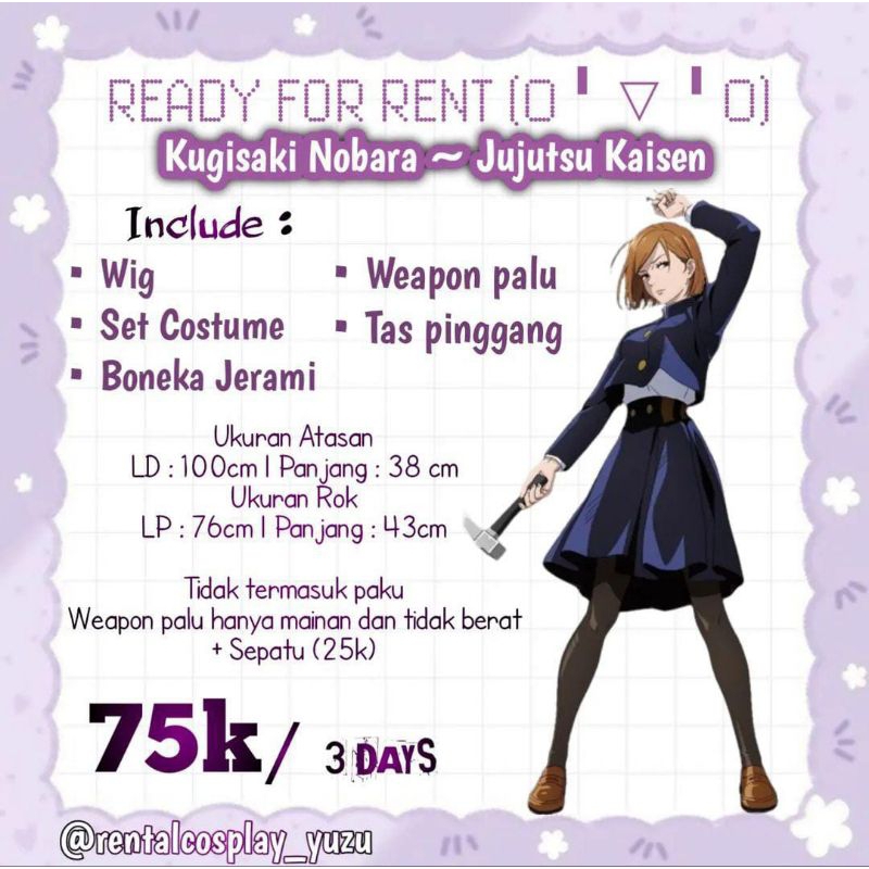 (RENTAL/SEWA ONLY) FULLSET NOBARA KUGISAKI JUJUTSU KAISEN COSPLAY COSTUME KOSTUM KUGISAKI NOBARA