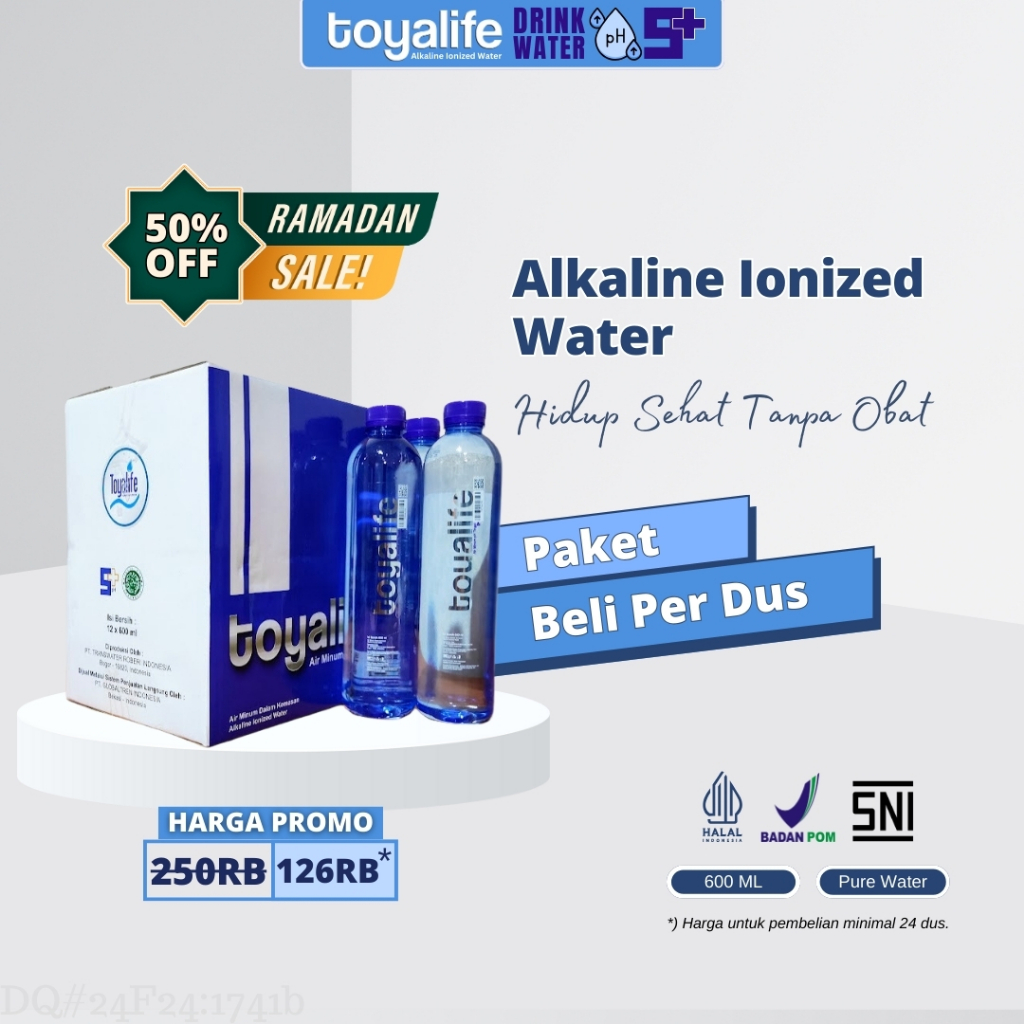 

Toyalife Air Minum Kesehatan Alkaline Ionized Water Alkali pH 9,6 Harga Grosir Pembelian per Dus