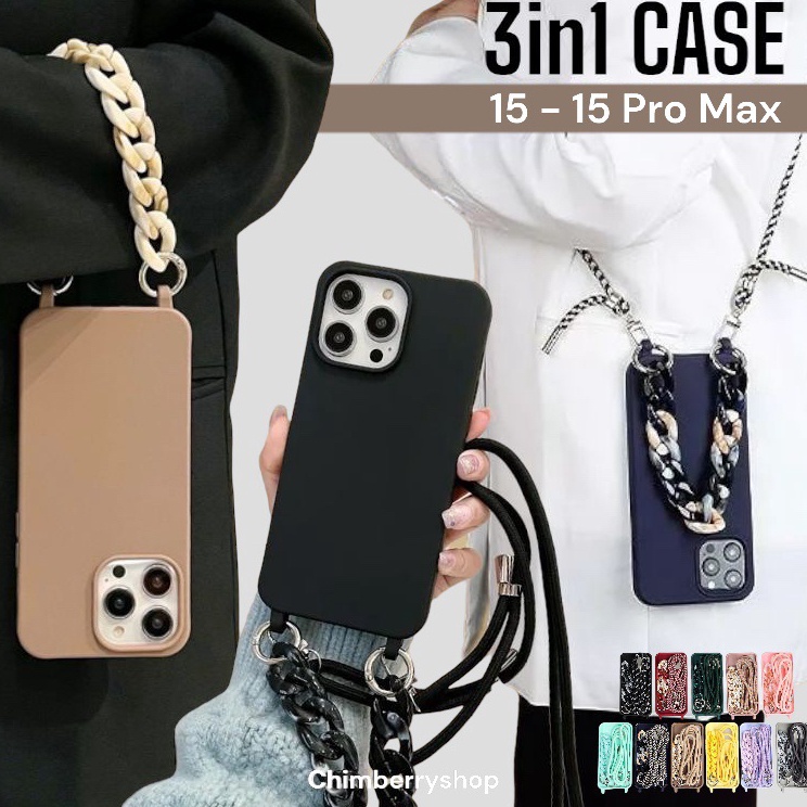 VVb  READY  3in1 Sling Chain Casing Iphone 15 15 Plus 15 Pro Max 14 14 Plus Lanyard Case Tali Selemp