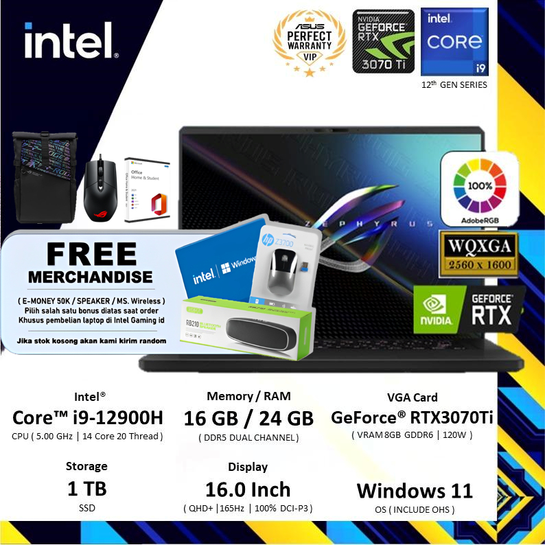 ASUS ROG ZEPHYRUS M16 GU603ZW -  RTX3070TI I9 12900H 16GB 1TB 16.0" QHD 165HZ 100% DCI-P3 WIN11 OHS