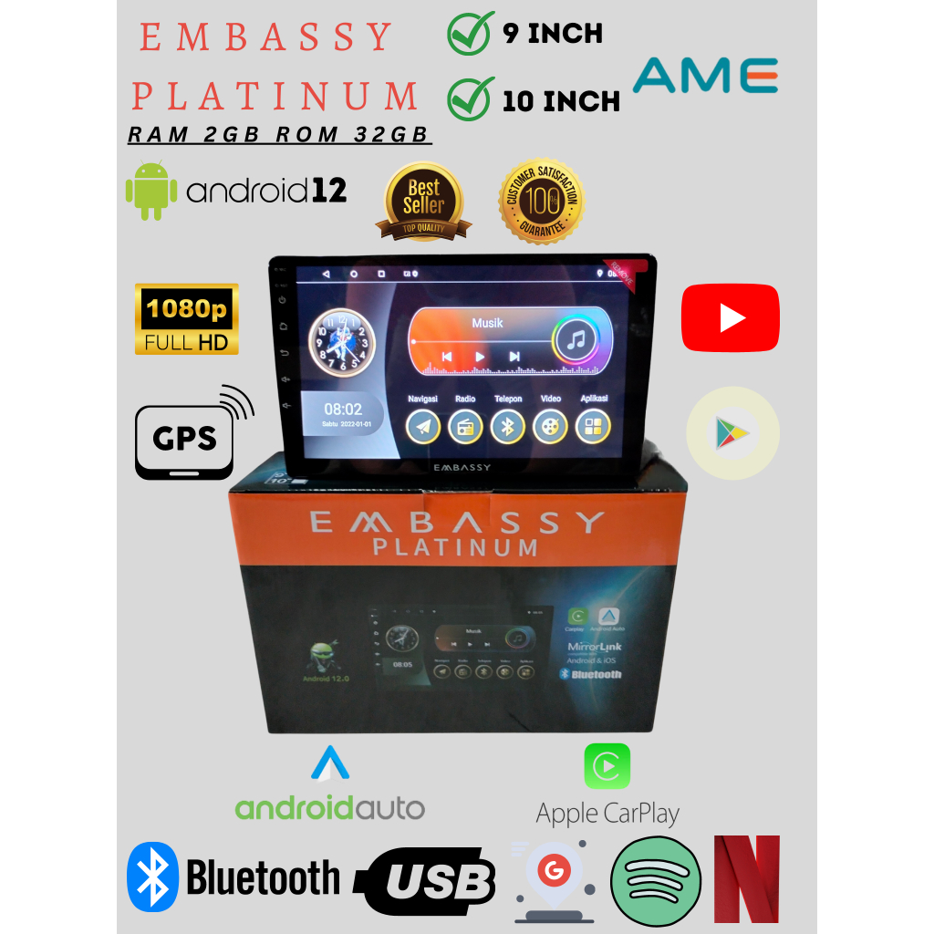 Head Unit Android Embassy 10 Inch NEPTUNUS Carplay RAM 2GB ROM 32GB