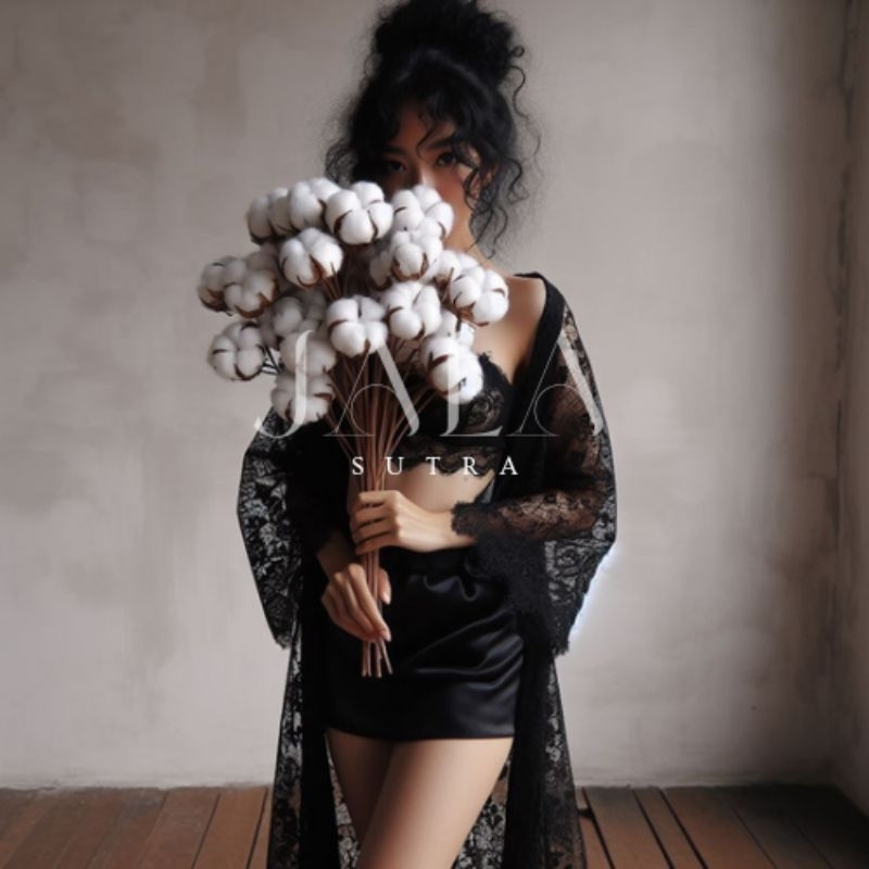 AMA ~ Outer renda hitam kimono All Size, outer renda panjang di bawah lutut, black lace dress exclus