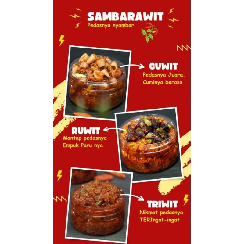 

SAMBARAWIT - Pedasnya Nyambar. 200ml. 3 variasi Sambal : Sambal Cuwit, Sambal Ruwit dan Sambal Triwit #Sambal/Sambel/Rawit/Cumi/Teri/Paru/200ml
