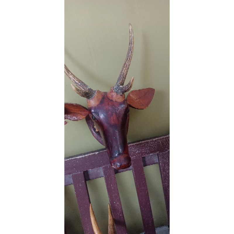 Tanduk rusa asli jati ukir kepala rusa