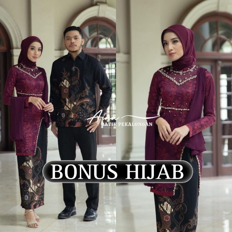 (ADA JUMBO) KEBAYA BATIK COUPLE HANNA MAROON GRATIS HIJAB KEBAYA MODERN KEBAYA KEBAYA LAMARAN TUNANG