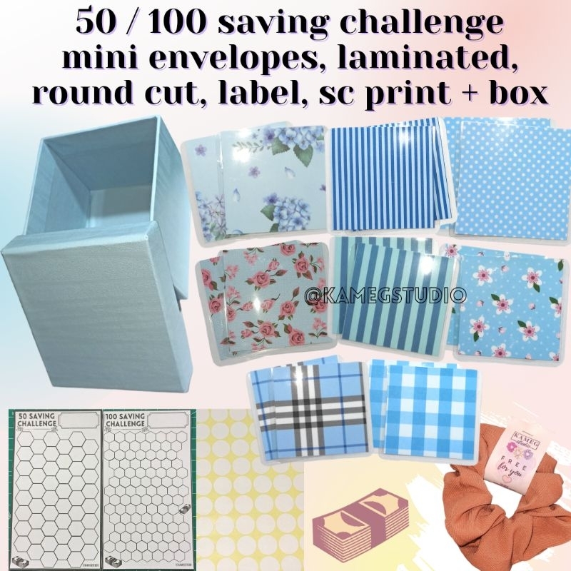 

50 - 100 Mini Amplop Saving Challenge BIRU | Laminating + Blue Box | Tantangan Menabung Envelopes | kamegstudio kameg studio