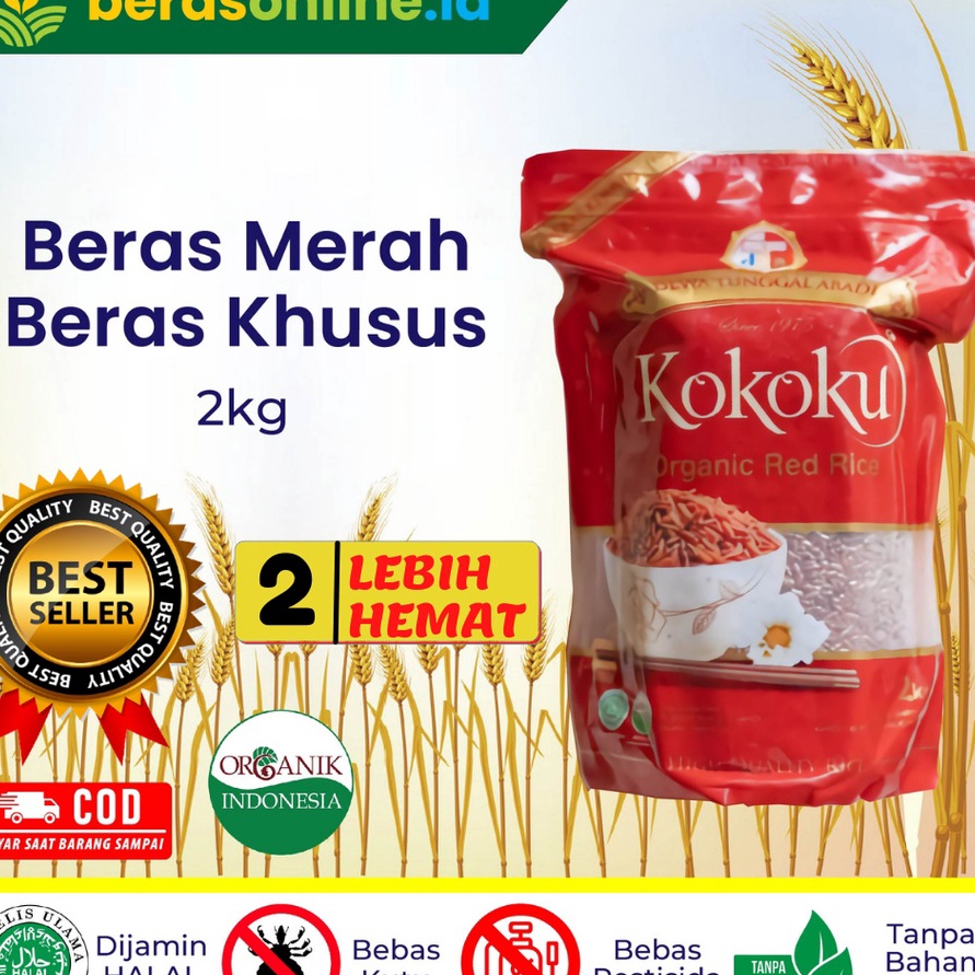 

D2289 Beras Online Beras Merah ORGANIC 2kg Vacuum Kokoku HALAL