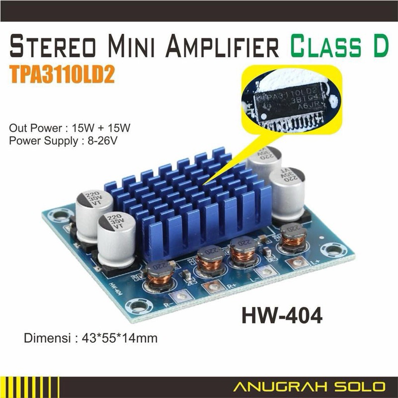 Stereo Mini Amplifier TPA3110 2x30W Class D Amplifier Heatsink Biru