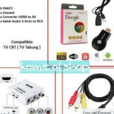 PAKET KOMPLIT WIFI ANYCAST DONGLE  CONVENTER HDMI TO AV RCA  KABEL RCA DARI HP KE TV TABUNG u Promo