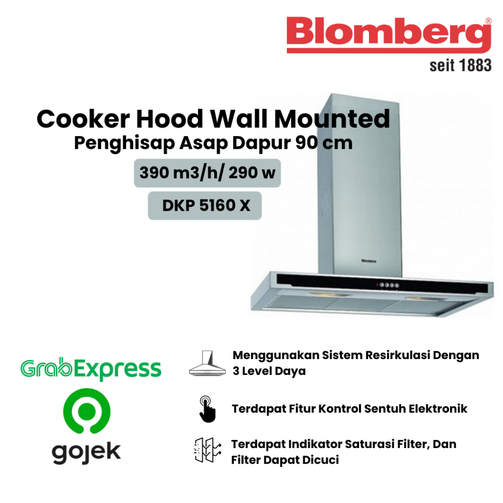 BEKO Blomberg DKP 5160 X Cooker Hood Penghisap Asap Kompor Dapur 90 cm Wall Mounted