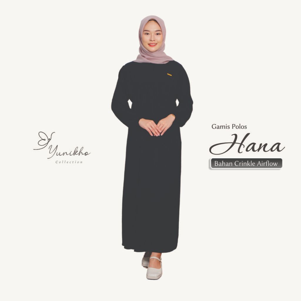 Dress Gamis Hana Baju Muslim Wanita Polos Hitam Lengan Panjang Bahan Crinkle Airflow