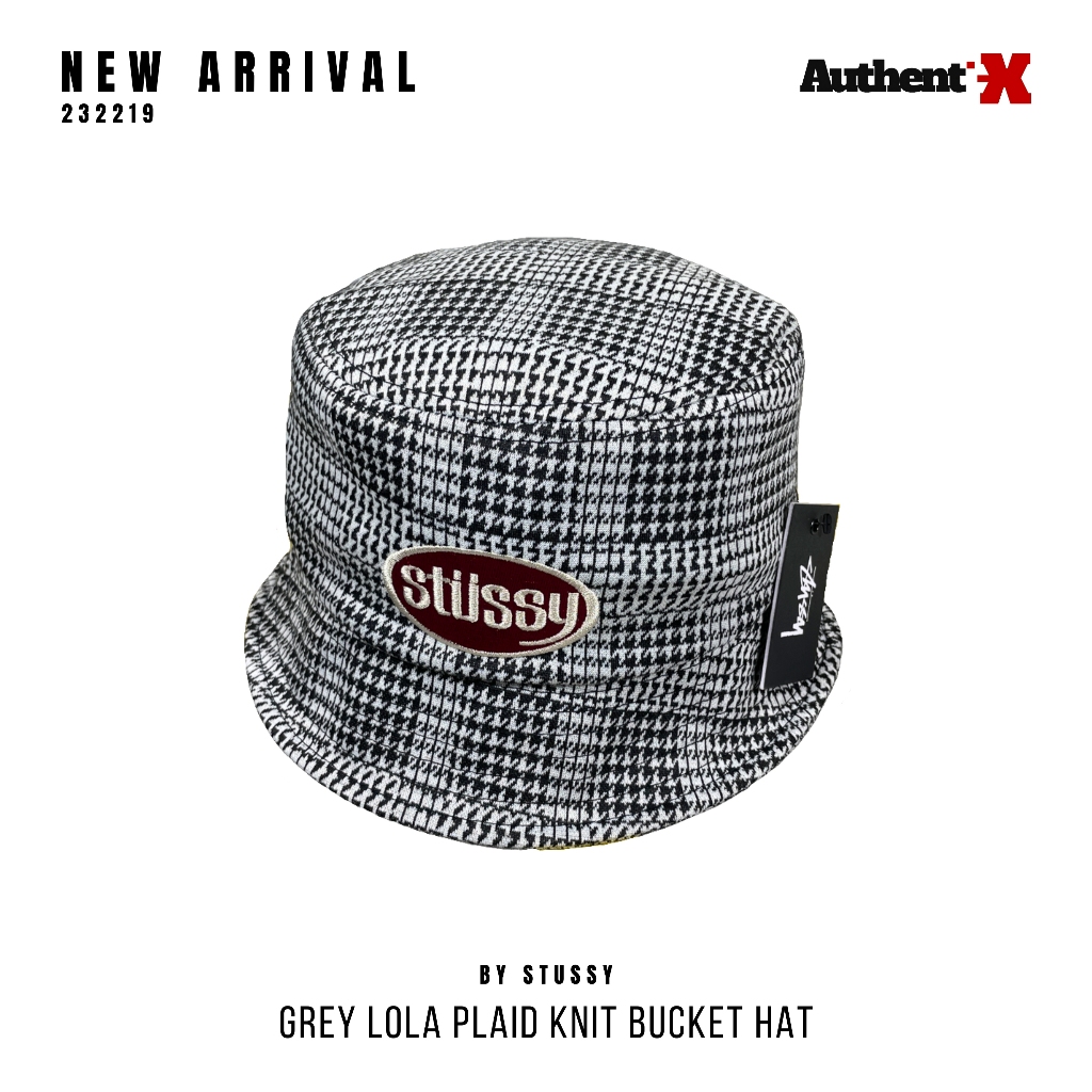 STUSSY LOLA PLAID KNIT BUCKET HAT - GREY