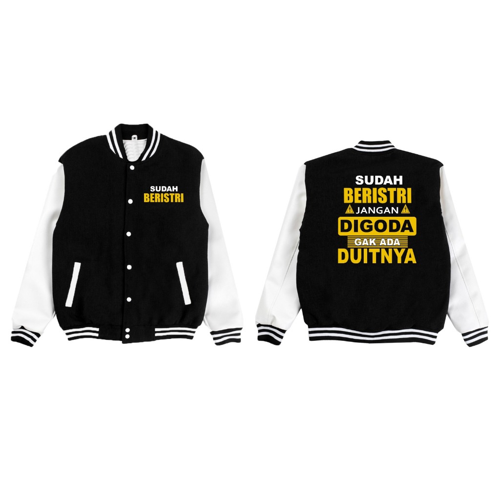 Sweater varsity hitam putih sudah beristri jangan digoda pria dan wanita