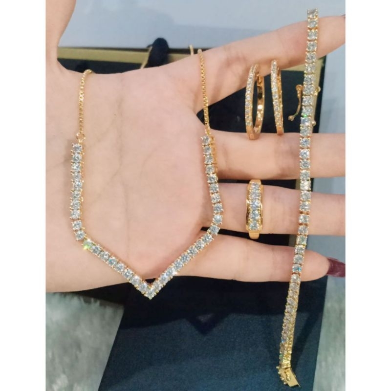 Xuping88 Set Gold Kalung Sertu aurel Anting Cincin Gelang  Full Mata Cubic Zircon Kualitas  Berlapis