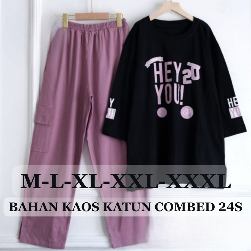 One Set Cargo Hello Set BO Size M L XL XXL XXXL LD 100-130 CM Bahan Kaos Katun Combed 24s Aplikasi S