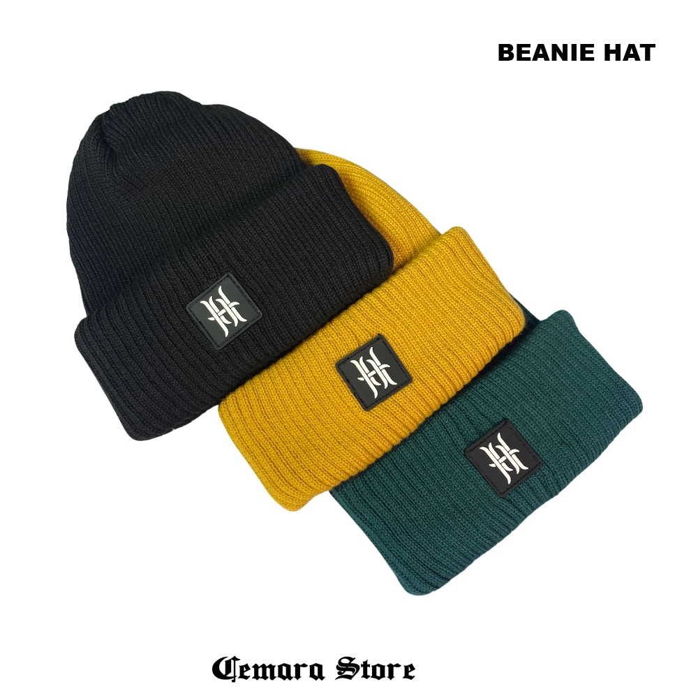 Beanie Hat Short Topi Kupluk Ciput Bahan Acrylic Cotton Logo Label Rubber Karet Rajut Tebal Premium 