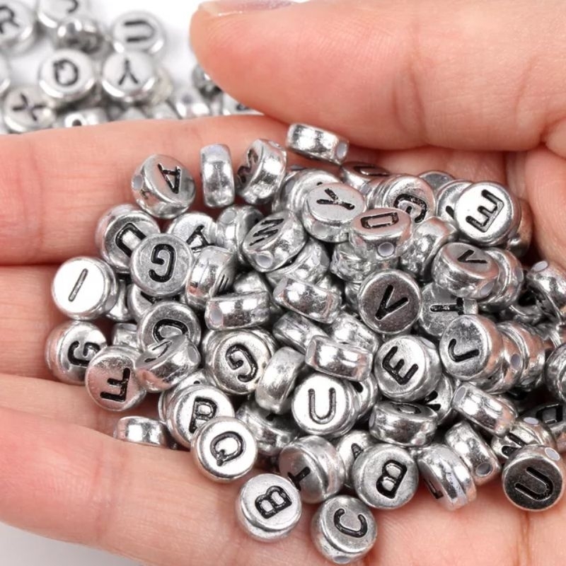 |Pilih Huruf| Alfabet Pipih SILVER TULISAN HITAM Alphabet Bulat Gepeng Beads Manik Mote Monte Abjad