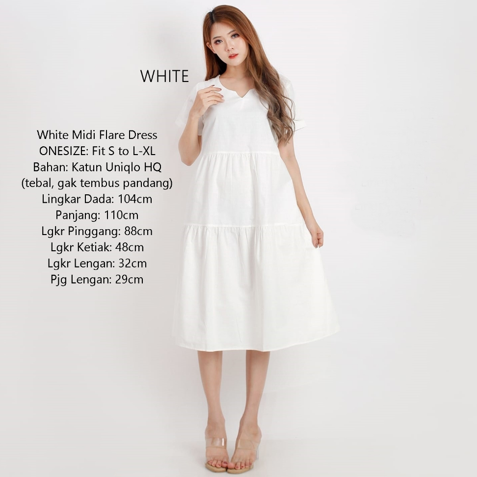 White Midi Dress Lebaran Putih Polos Baju A Line Dress Wanita Vintage All Size Fit S M L bahan katun