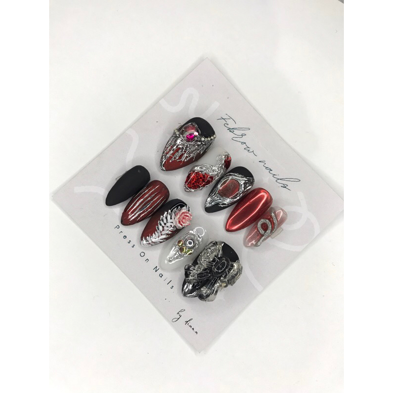 ( TIDAK PO )  press on nails y2k emo girl red white flowers and black glamour glam