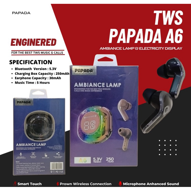 HANDFREE BLUETOOTH PAPADA TWS A6 WIRELESS