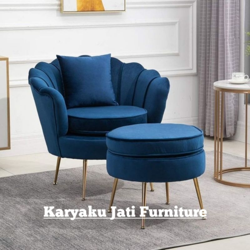 sofa kerang 1 seater + puff bulat kaki besi stainless gold