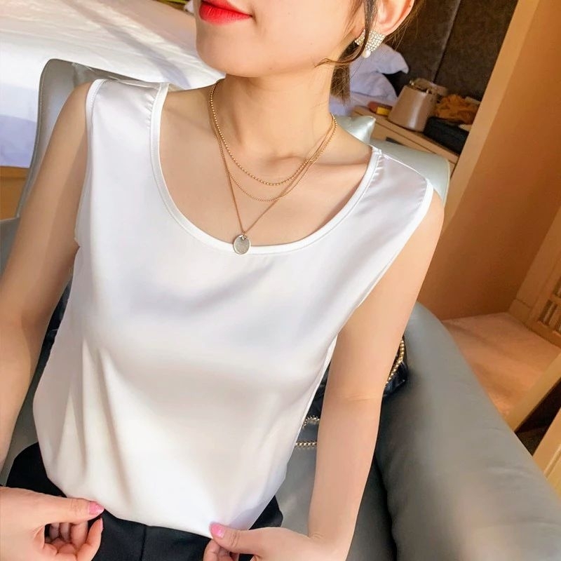 inner satin tanpa lengan sleeveless tank top tanktop satin blouse jumbo kemeja satin kantor kampus k