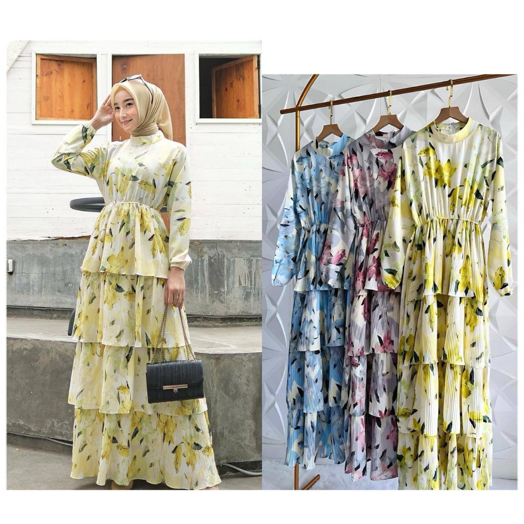 LONG MAXI SLIKY ROK PLSIKET RUMPLE TINGKAT VARIASI PINGGANG KARET KELILING LENGAN PANJANG PREMIUM WA