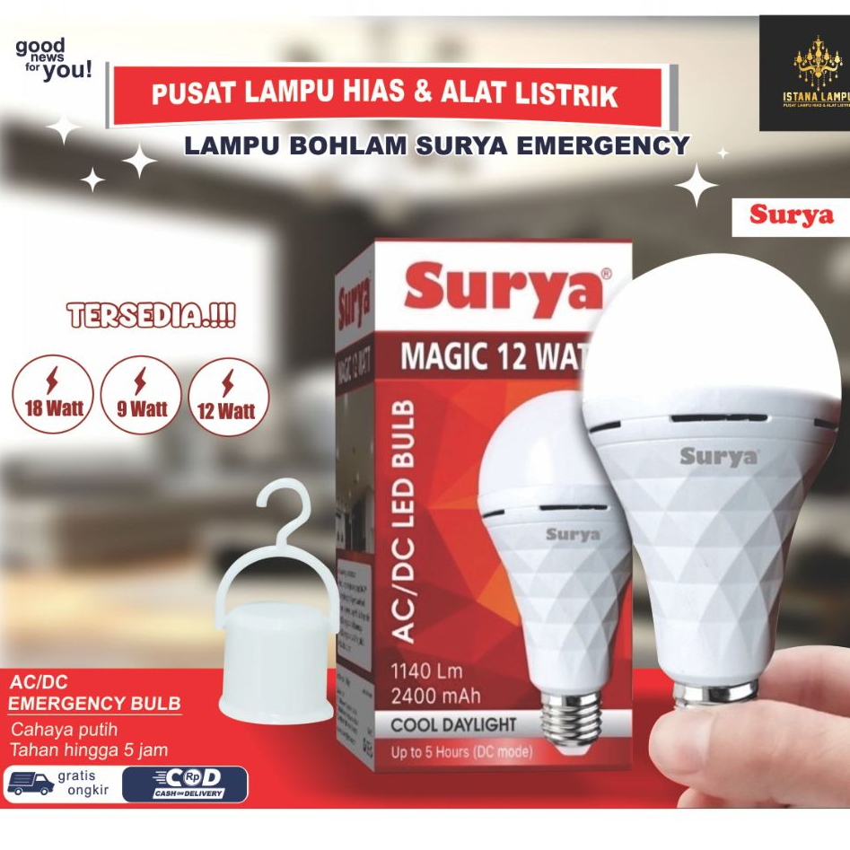 Bohlam SURYA MAGIC Genius Lampu Emergency AC DC - Cahaya Putih - 9W, 12W, 18W
