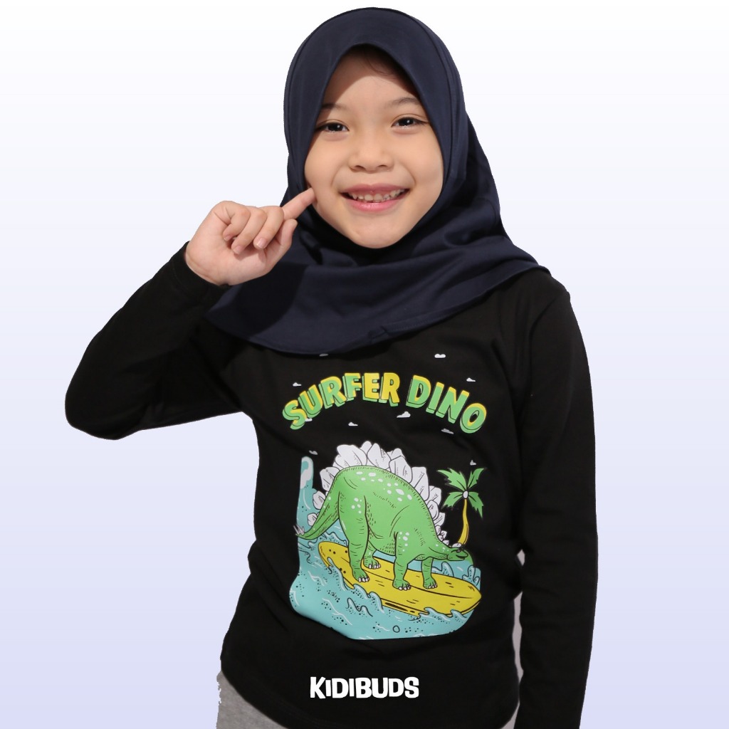 Kaos Anak Hitam Lengan Panjang Surfer Dino Kidi Kaos Anak Perempuan