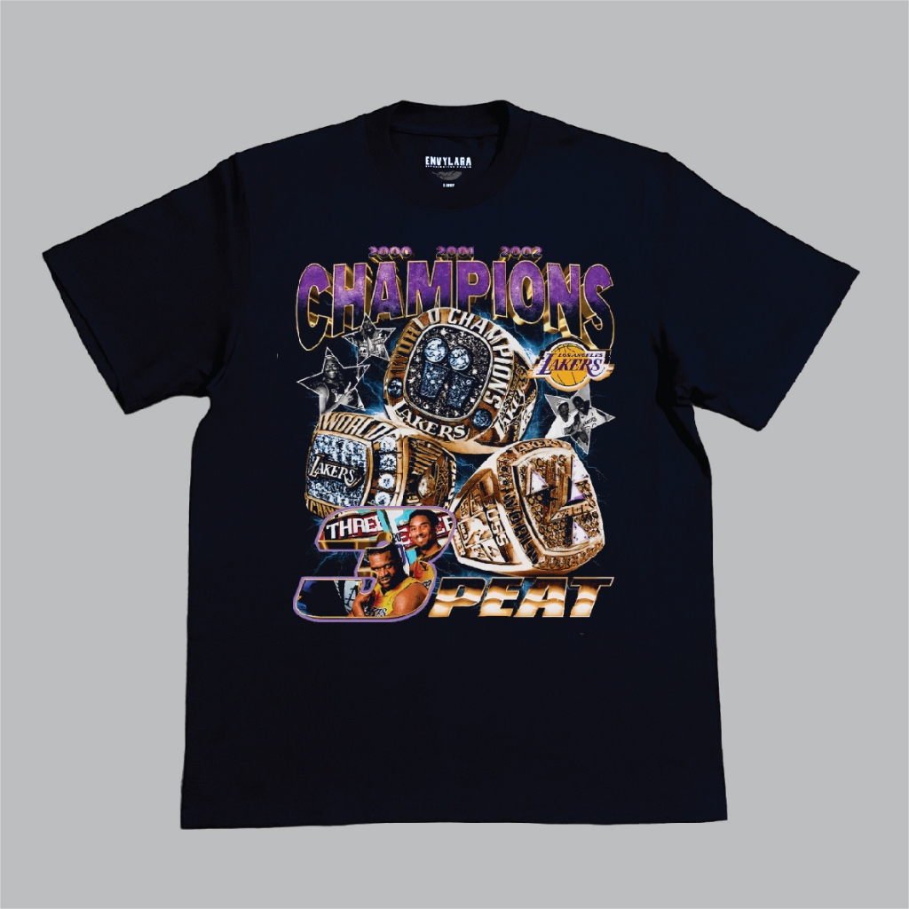 LA Lakers 3-Peat Champions 2000 2001 2002 Tshirt Heavyweight Cotton 16s Kaos NBA Bootleg Vintage