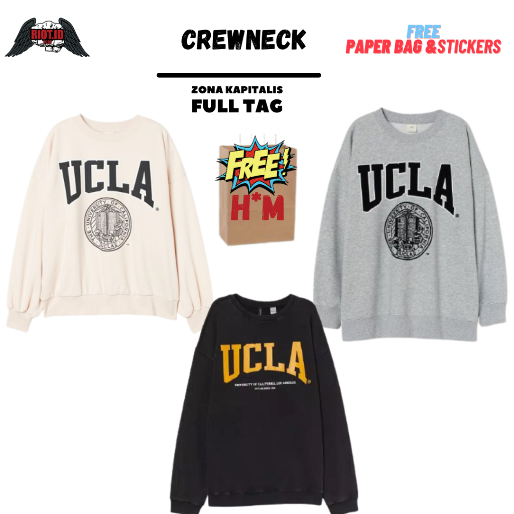 (3.3) Crewneck HM Ucla Grey & Hitam Black Cream FREE PAPER BAG Full Tag Jaket Sweater Hoodie Pria Wa