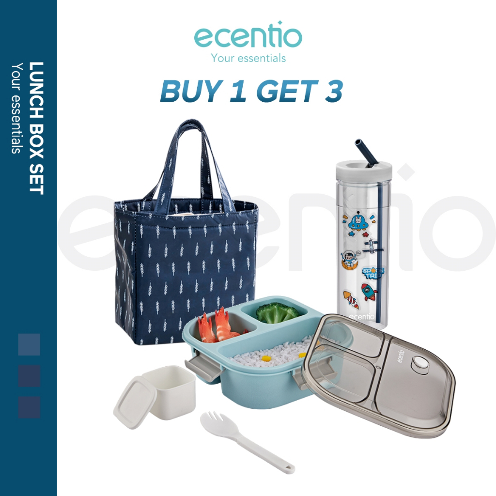 	 ecentio lunch box set tas bekal makan anti tumpah 3 sekat dan botol minum	