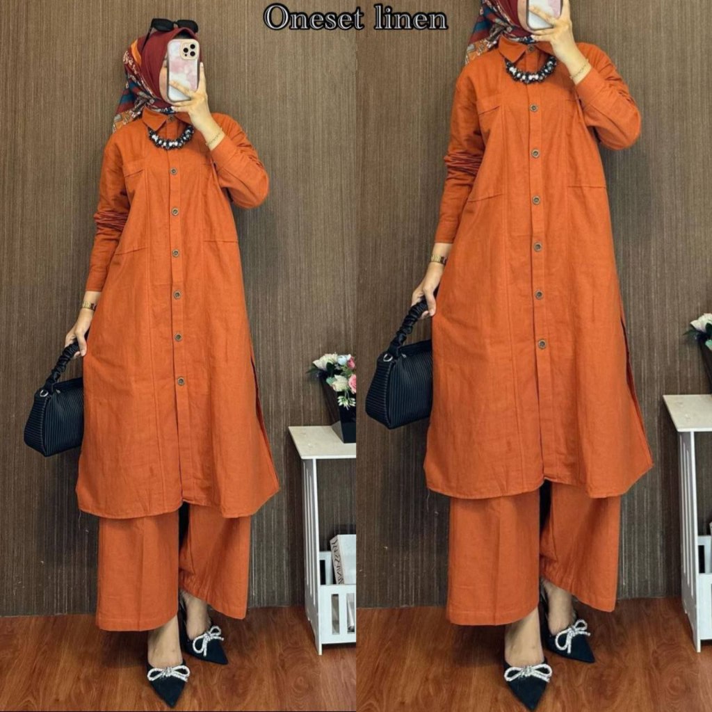 Adella One Set Polo Linen Premium Setelan Tunik Wanita Remaja Dewasa Lengan Panjang Full Kancing Sak