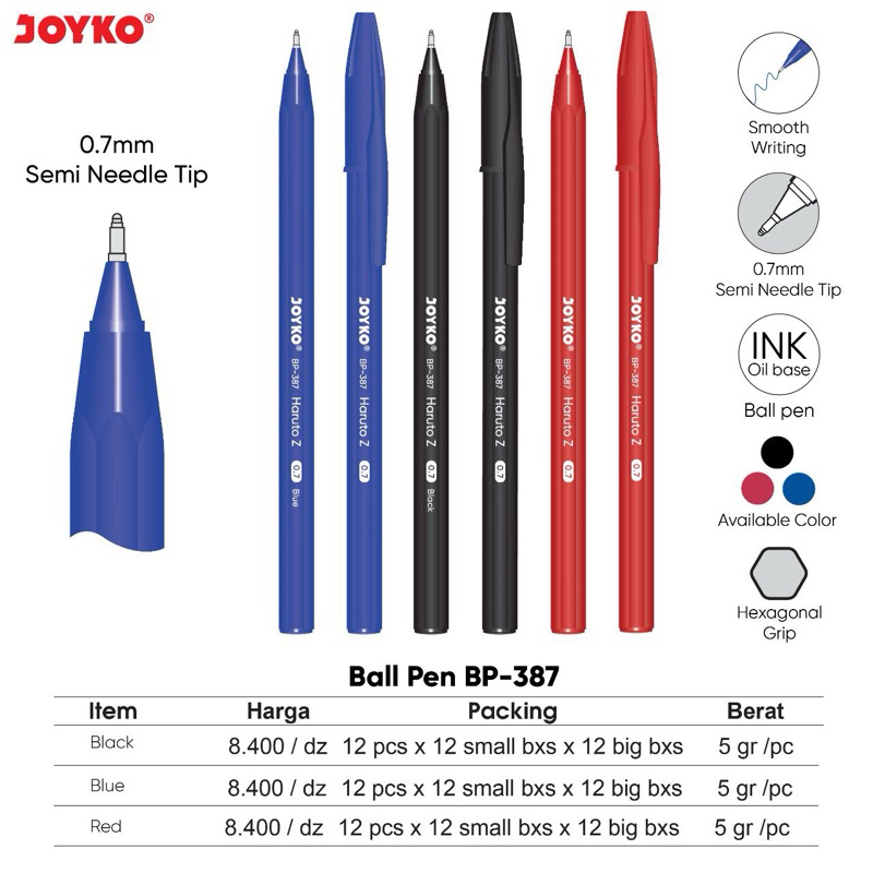 

( 12 pcs ) Ballpen Haruto Z / Pulpen 0,7 mm / Pen semi Needle Tip 0,7mm / Pena / Bolpoin BP-387 Haruto murah berkualitas Joyko