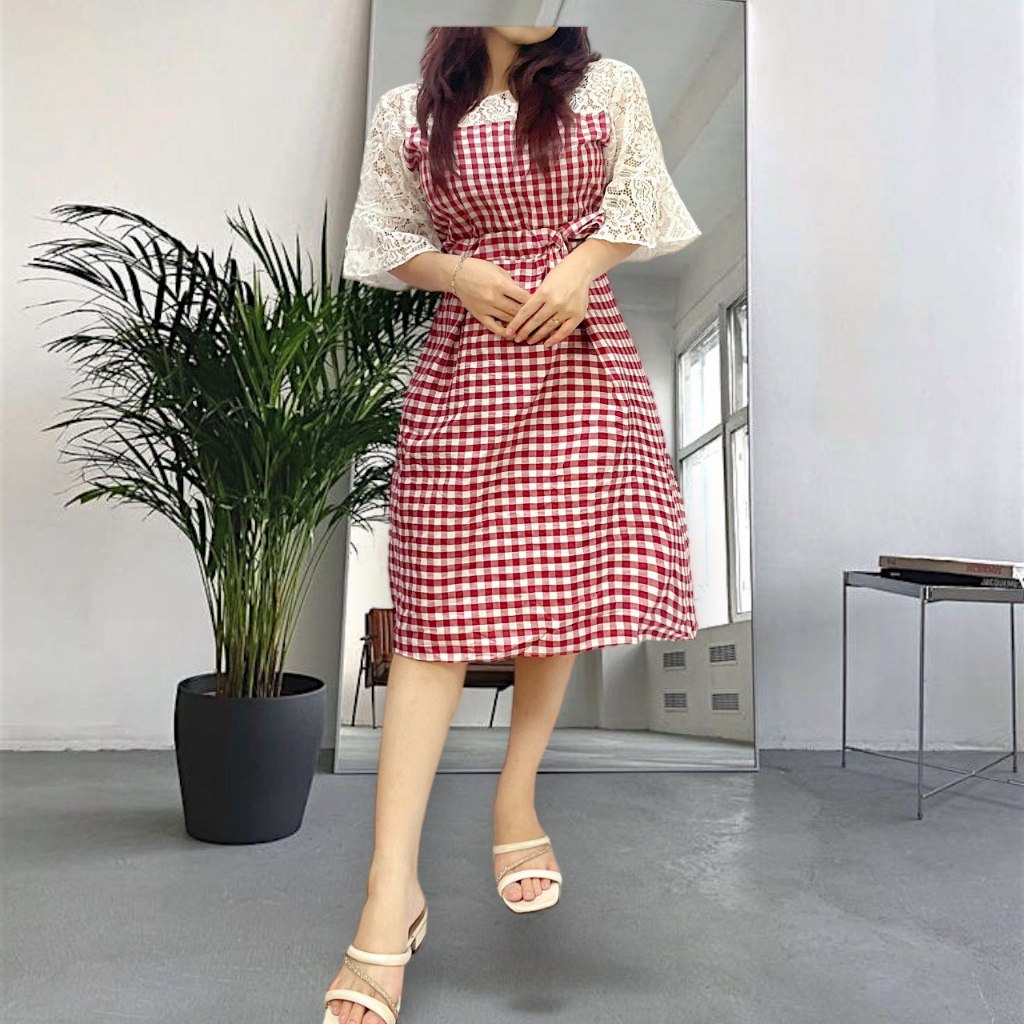 LNL Dress Hikita Baju Dres Wanita Motif Kotak-kotak PREMIUM QUALITY UK Fit To L-XL LD 100CM PJ 85CM 