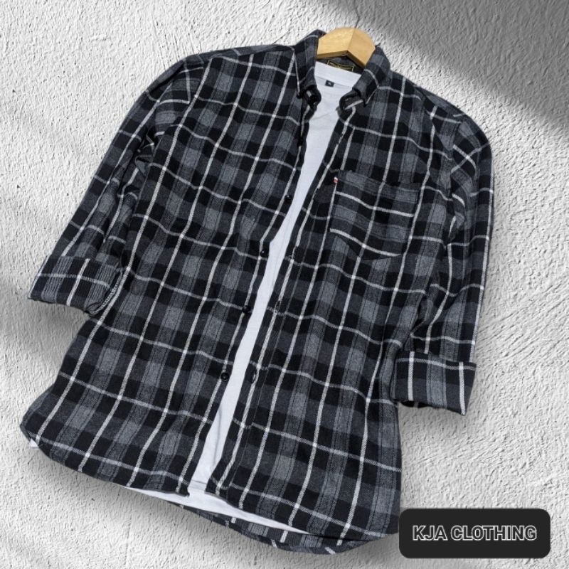 KEMEJA FLANEL ABU HITAM GARIS PUTIH M-L-XL flanel pria unisex premium