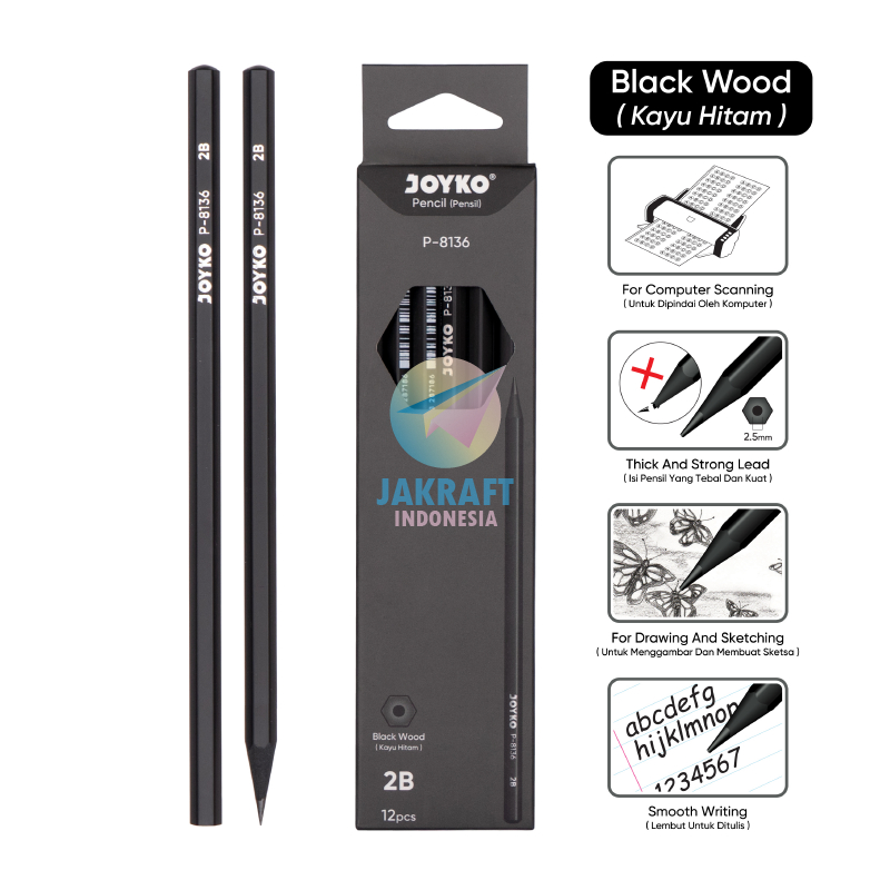

(12 Pcs) Pensil Tulis 2B JOYKO P-8136 Full Black Wood Kayu Hitam Asli Hexagonal Pencil Serbaguna Murah Banget Berkualitas
