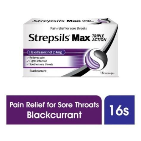 

Strepsils Max Blackcurrant Lozenges, 16s - Strepsils Max Pain Relief for Sore Throats - Permen Hisap