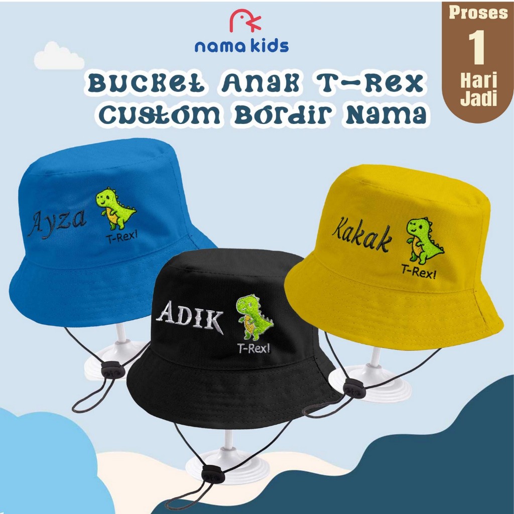 TOPI BUCKET ANAK BAYI BORDIR TIREX DAN CUSTOME BORDIR NAMA ANAK BUCKET LUCU MURAH MERIH TOI BUCKET A