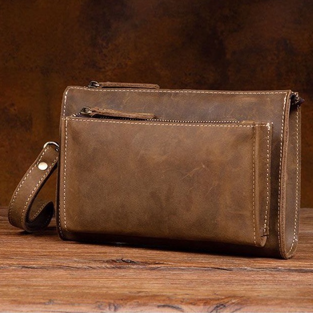 Dompet clutch pria retro kulit asli crazy horse