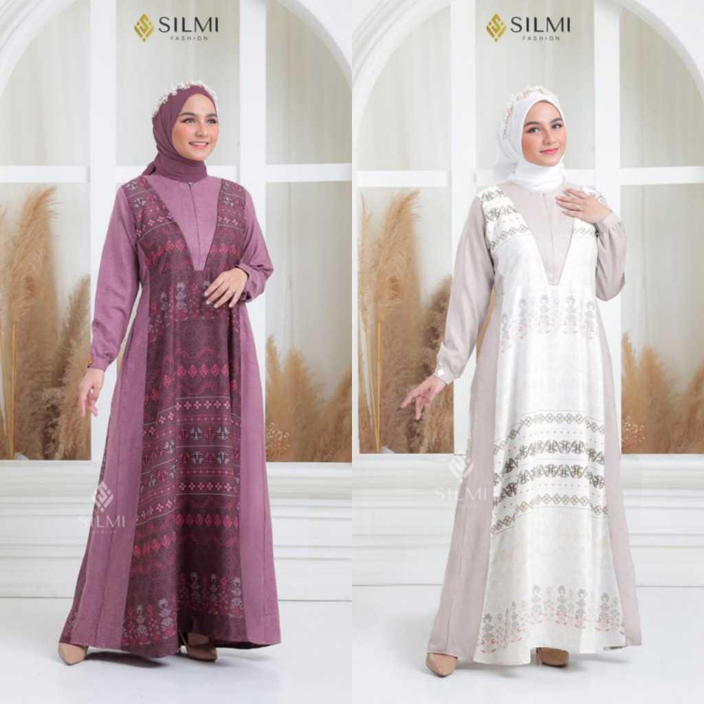 GAMIS DRESS BUSANA MUSLIM WANITA DEWASA REMAJA TERBARU PUTIH UNGU MOTIF BATIK SONGKET - INAYAH FAMIL