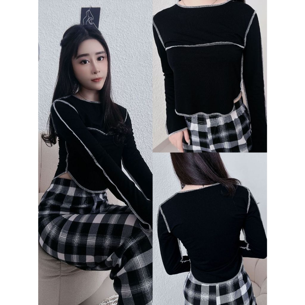 [Miss YoYo]Crew Neck Long Sleeve Seam Detail Crop Tee Top (S/M/L/XL)