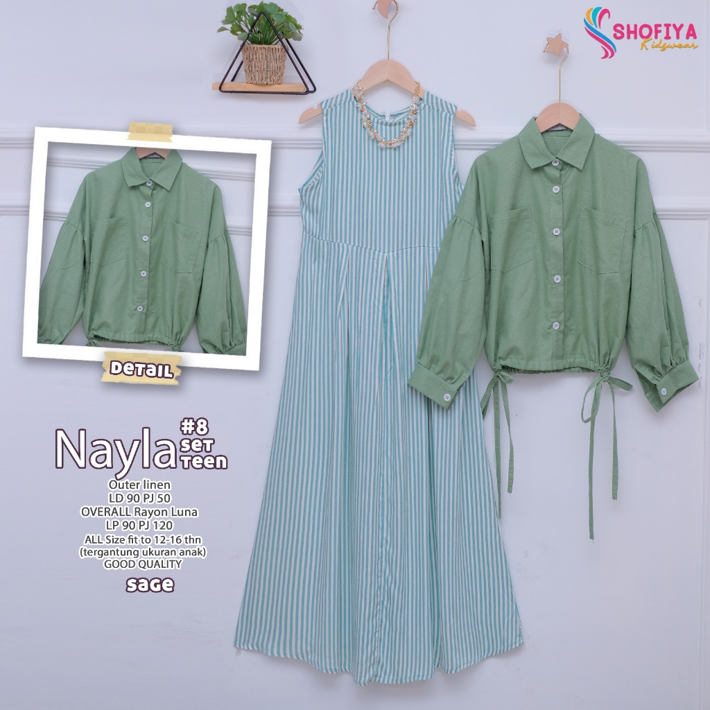 nayla8 gamis dress dres baju pakaian busana overall rayon motif garis setelan set 2in1 outer linen a