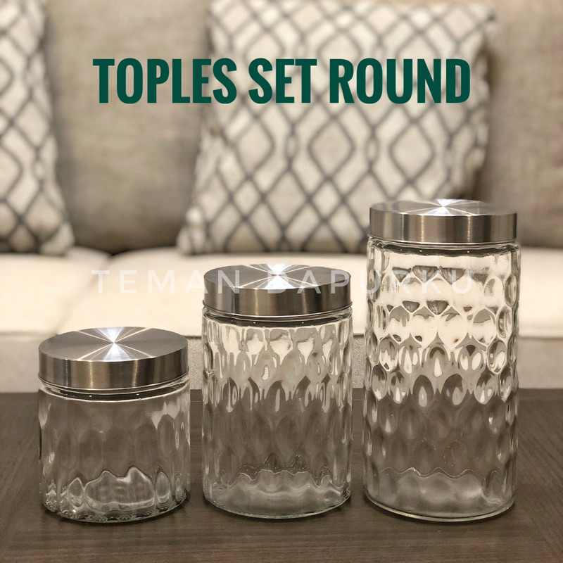Toples Kaca Tutup stainless Bulat Import  / Toples Lebaran Impor model baru / Glass Jar Tutup Putar 