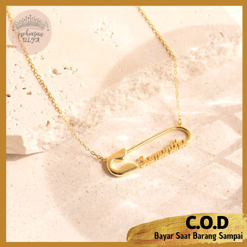 PERHIASAN AKSESORIS NECKLACE KALUNG TITANIUM LAPIS EMAS CUSTOM NAMA BENTUK JARUM PENITI KEKINIAN KOR