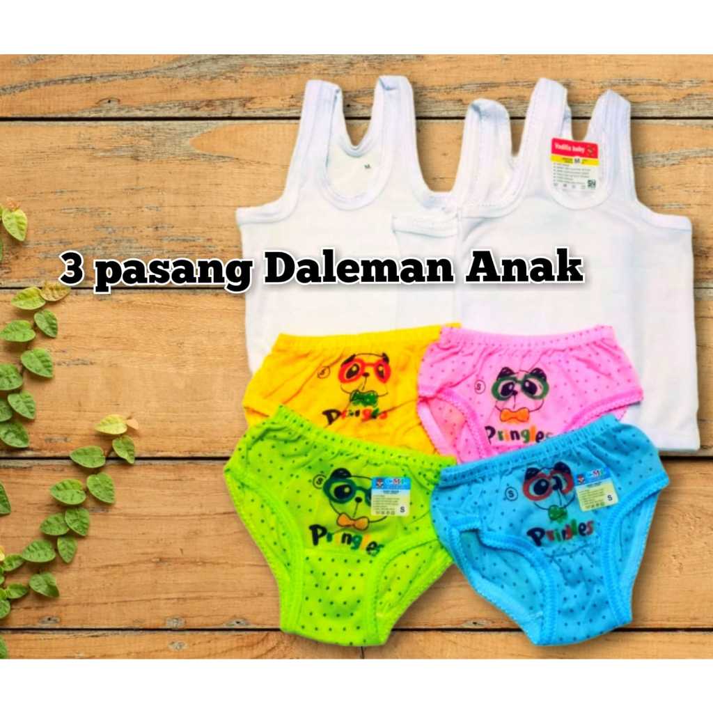 6 Pasang / 6 Stel CD Anak dan Kaos Dalam Anak Perempuan Usia 1-10 tahun / CD Anak dan Singlet Anak M